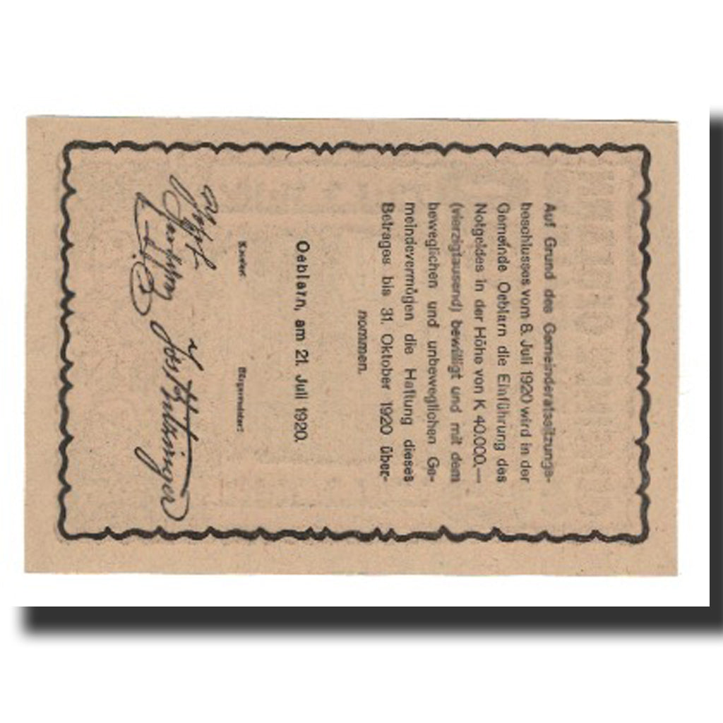 Banconote, Austria, Oeblarn im Ennstale Stm. Gemeinde, 60 Heller, Texte 4, 1920