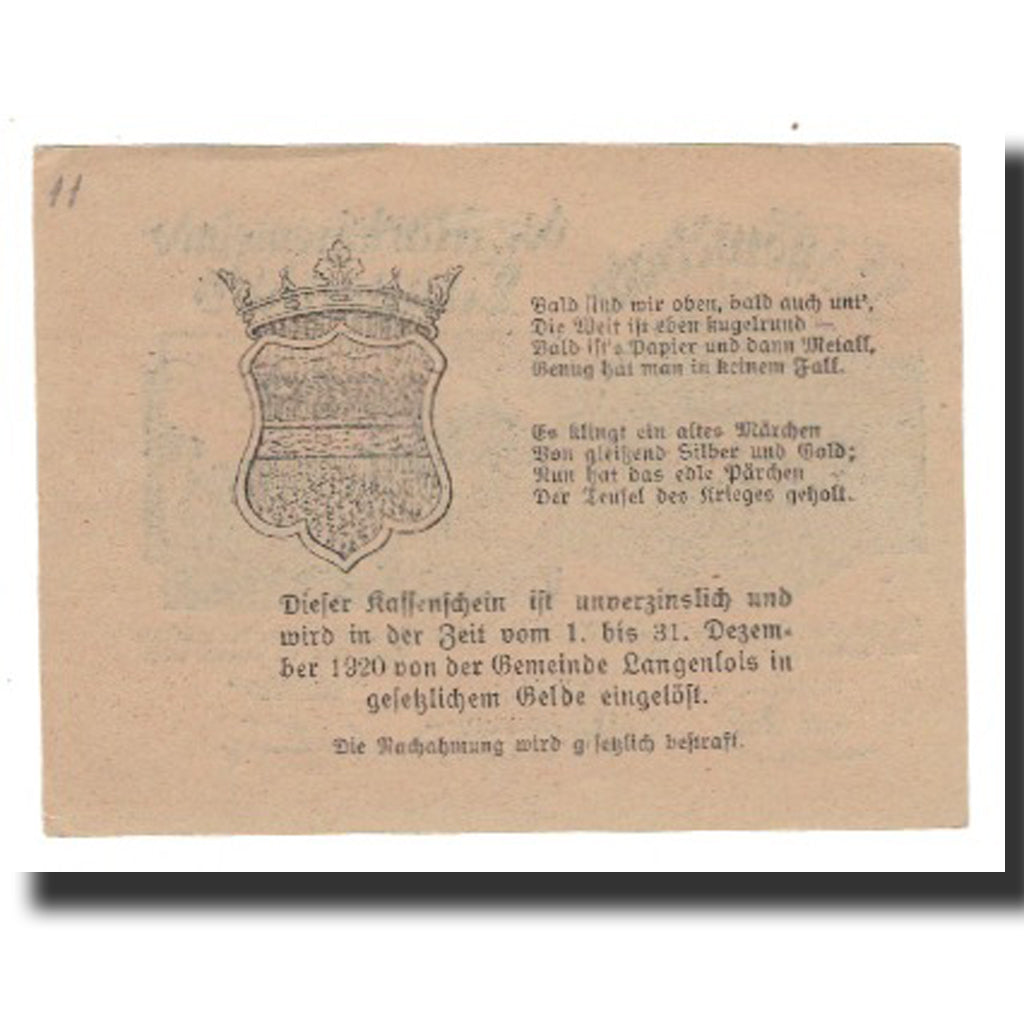 Banconote, Austria, Langenlois, 50 Heller, Blason, 1920, 1920-12-31, SPL-