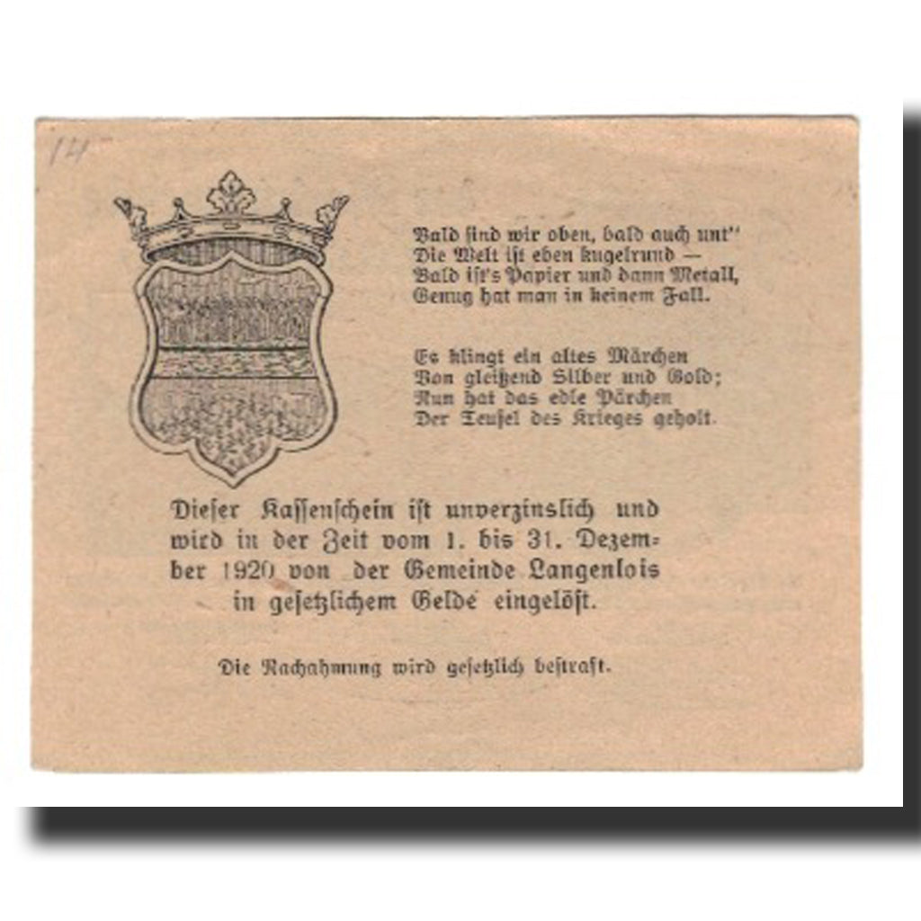 Banconote, Austria, Langenlois, 50 Heller, Blason 2, 1920, 1920-12-31, SPL-