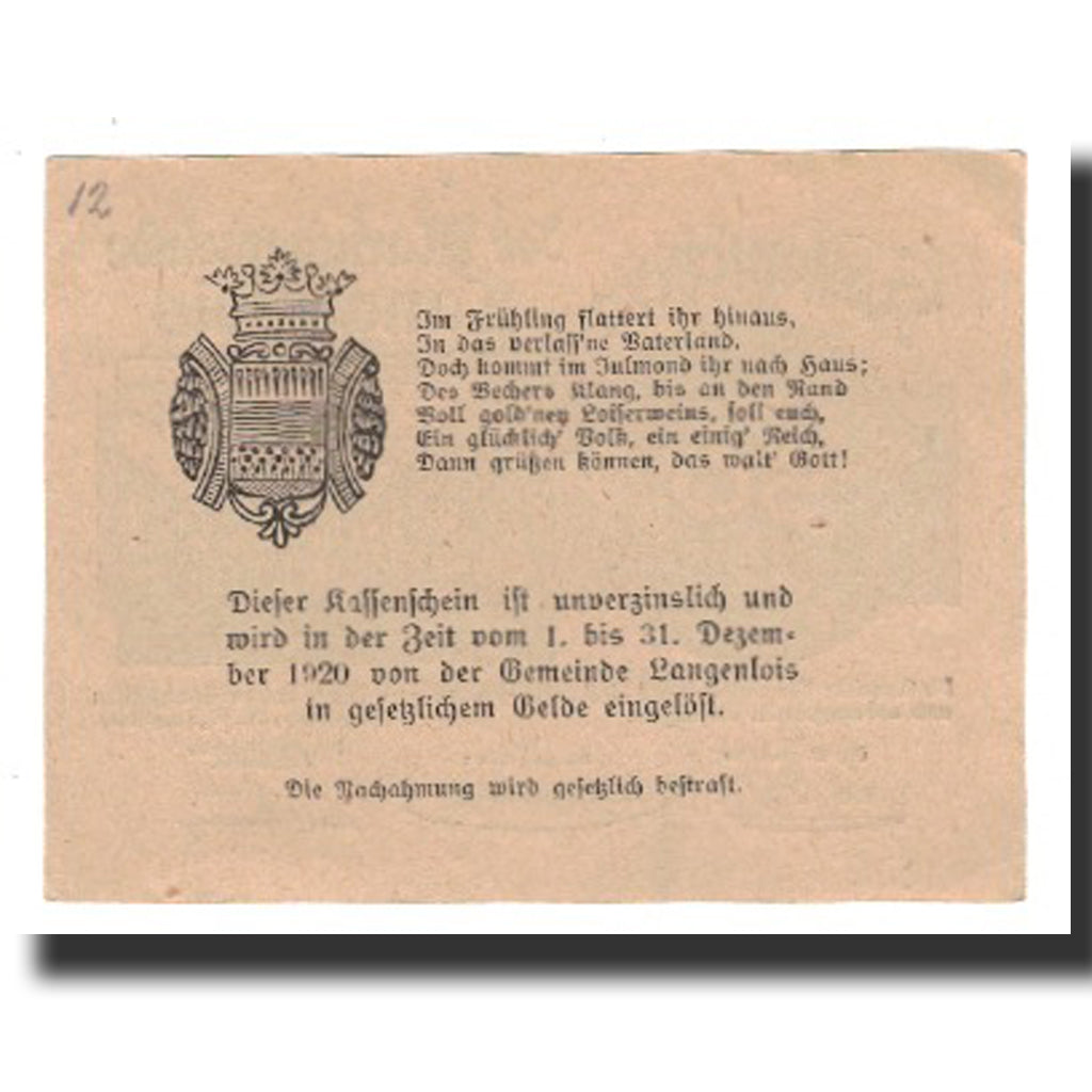 Banknot, Austria, Langenlois, 50 Heller, Blason 3, 1920, 1920-12-31, AU(55-58)