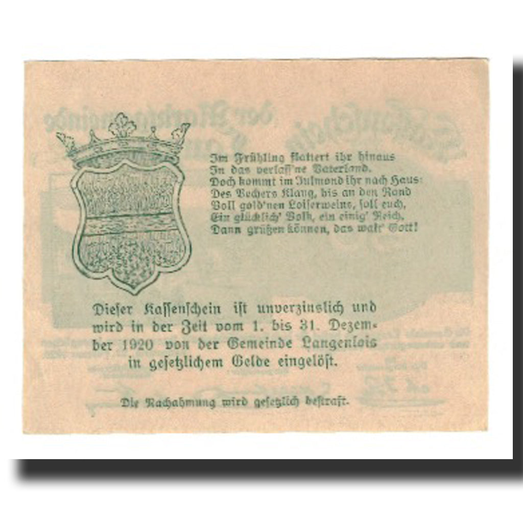 Banknot, Austria, Langenlois, 50 Heller, Blason 5, 1920, 1920-12-31, AU(55-58)