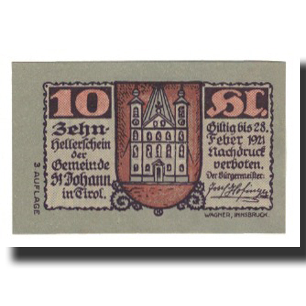 Banknot, Austria, St. Johann in Tirol, Tirol Gemeinde, 10 Heller, Blason, 1921