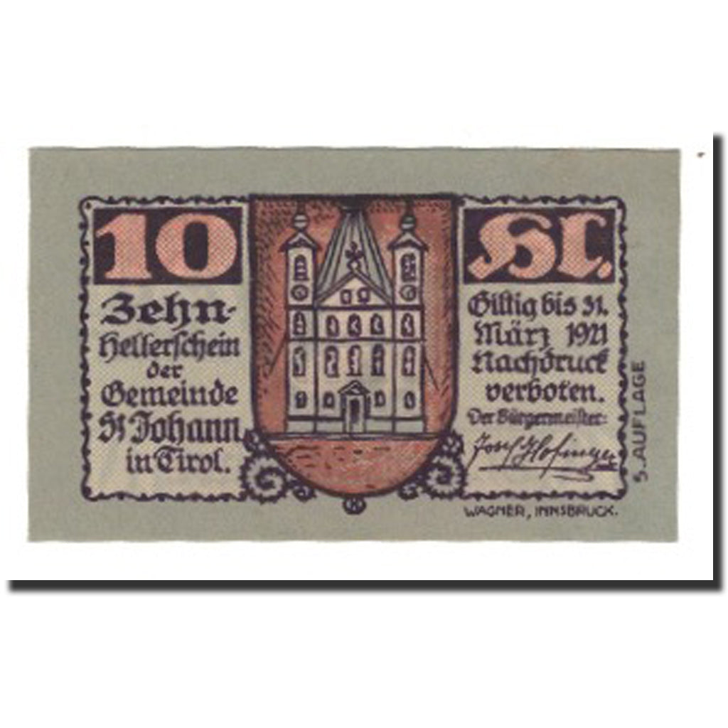 Banknot, Austria, St. Johann in Tirol, Tirol Gemeinde, 10 Heller, valeur