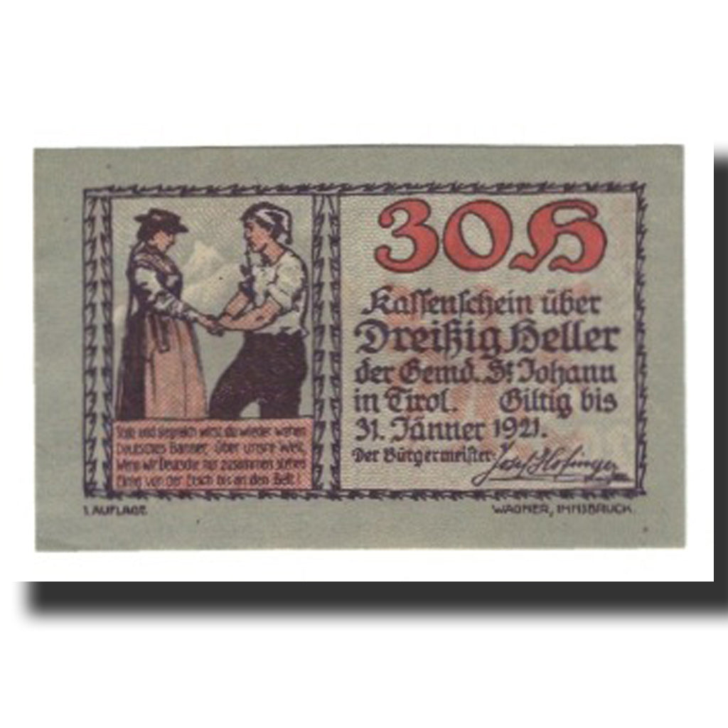 Banconote, Austria, St. Johann in Tirol, Tirol Gemeinde, 30 Heller, paysage