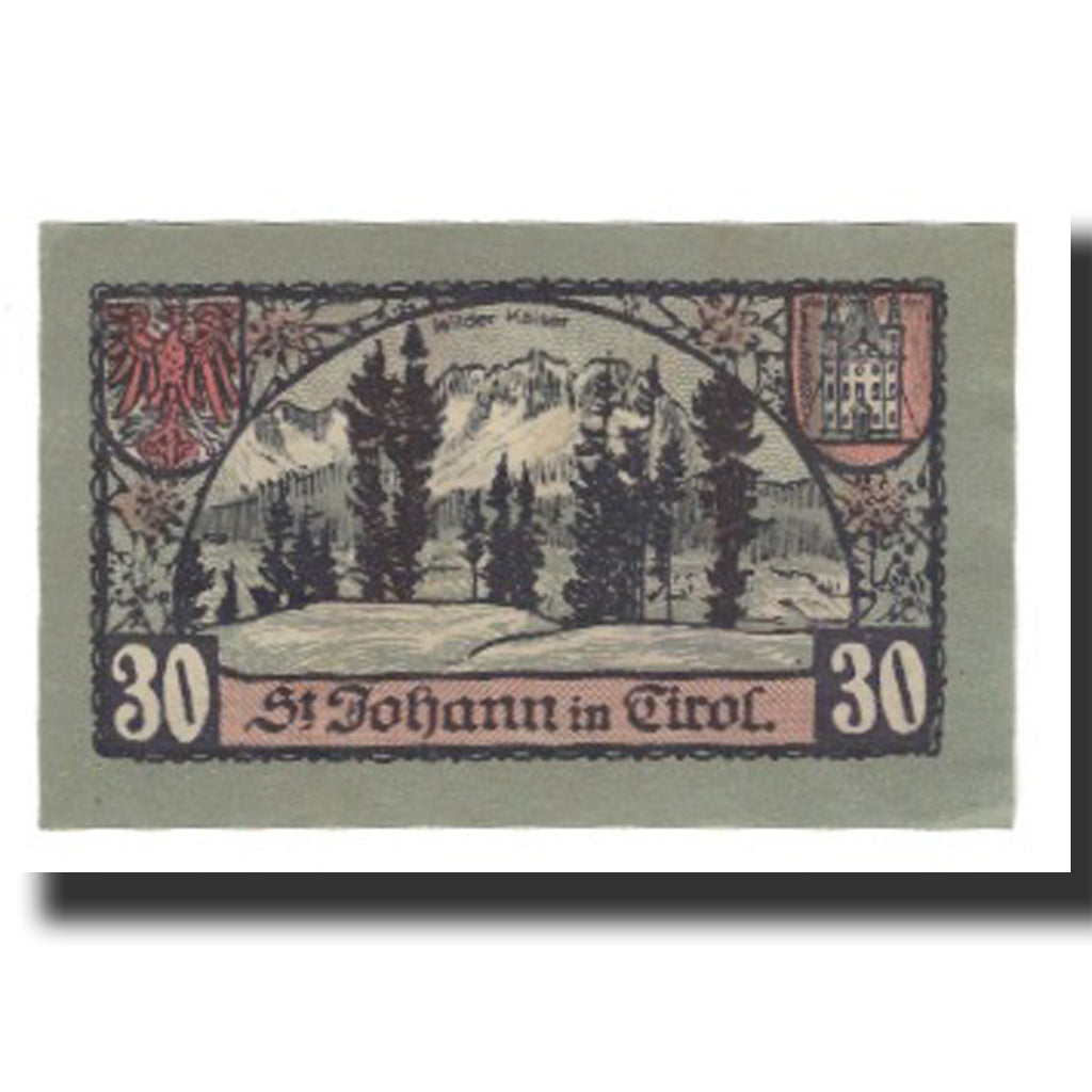 Banconote, Austria, St. Johann in Tirol, Tirol Gemeinde, 30 Heller, paysage