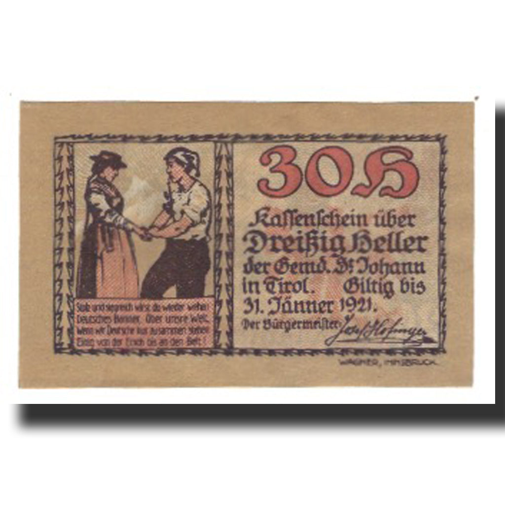 Banconote, Austria, St. Johann in Tirol, Tirol Gemeinde, 30 Heller, paysage 1