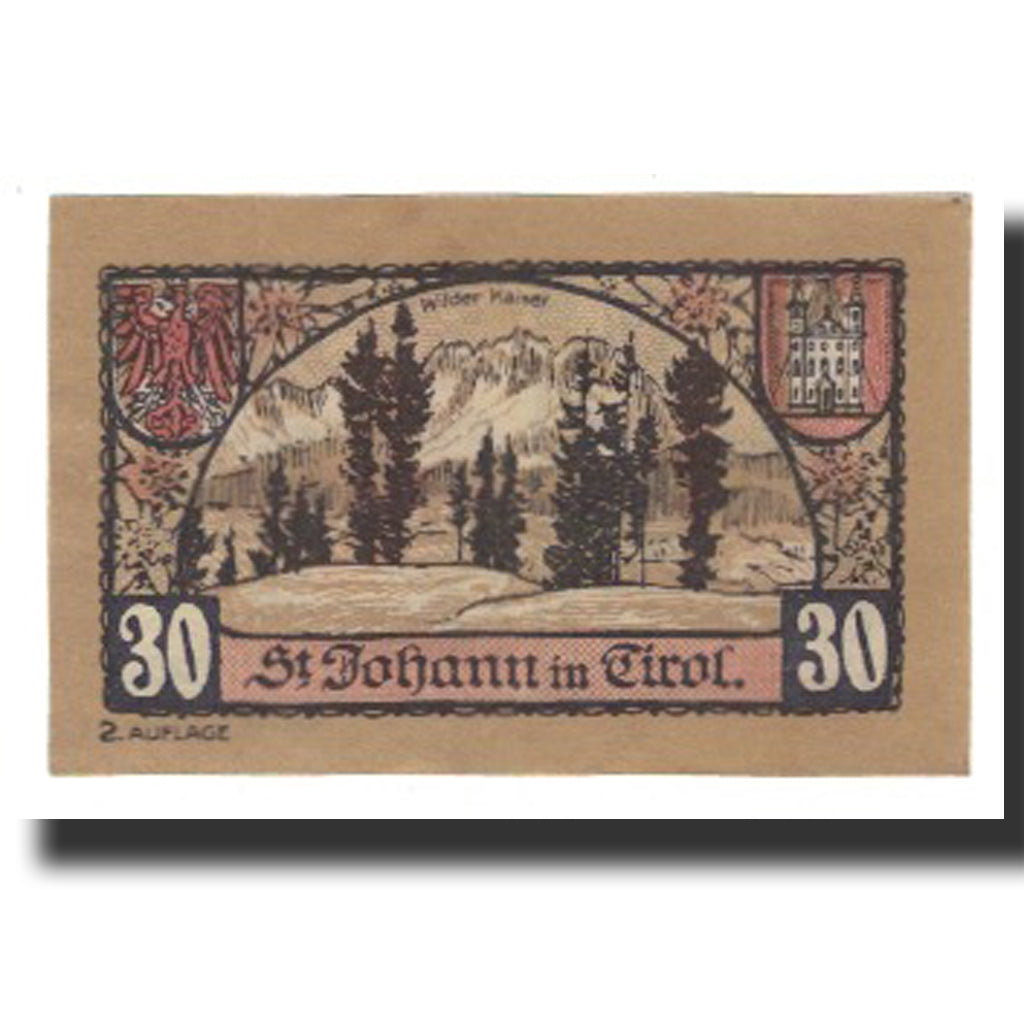 Banconote, Austria, St. Johann in Tirol, Tirol Gemeinde, 30 Heller, paysage 1