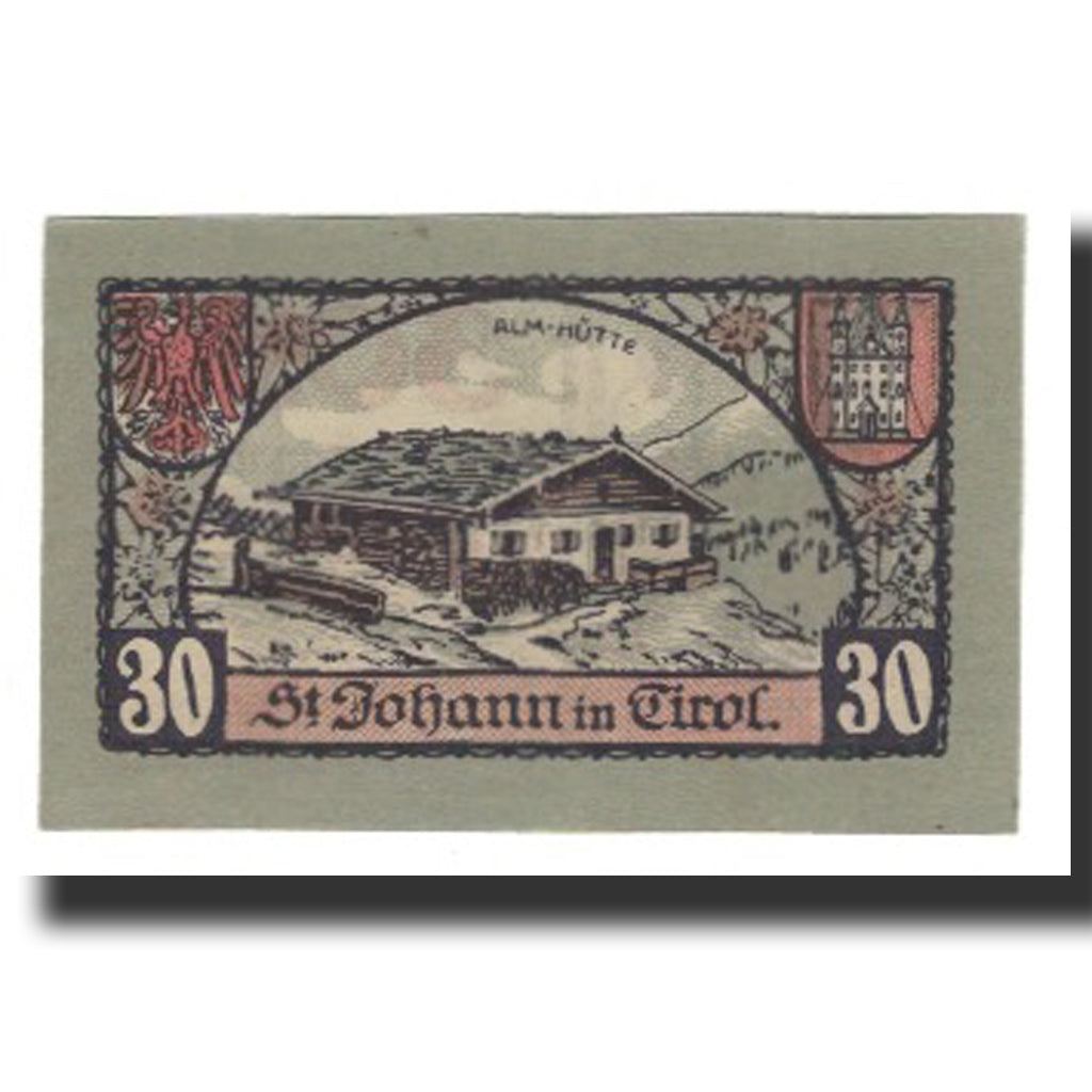 Banknot, Austria, St. Johann in Tirol, Tirol Gemeinde, 30 Heller, Maison, 1921