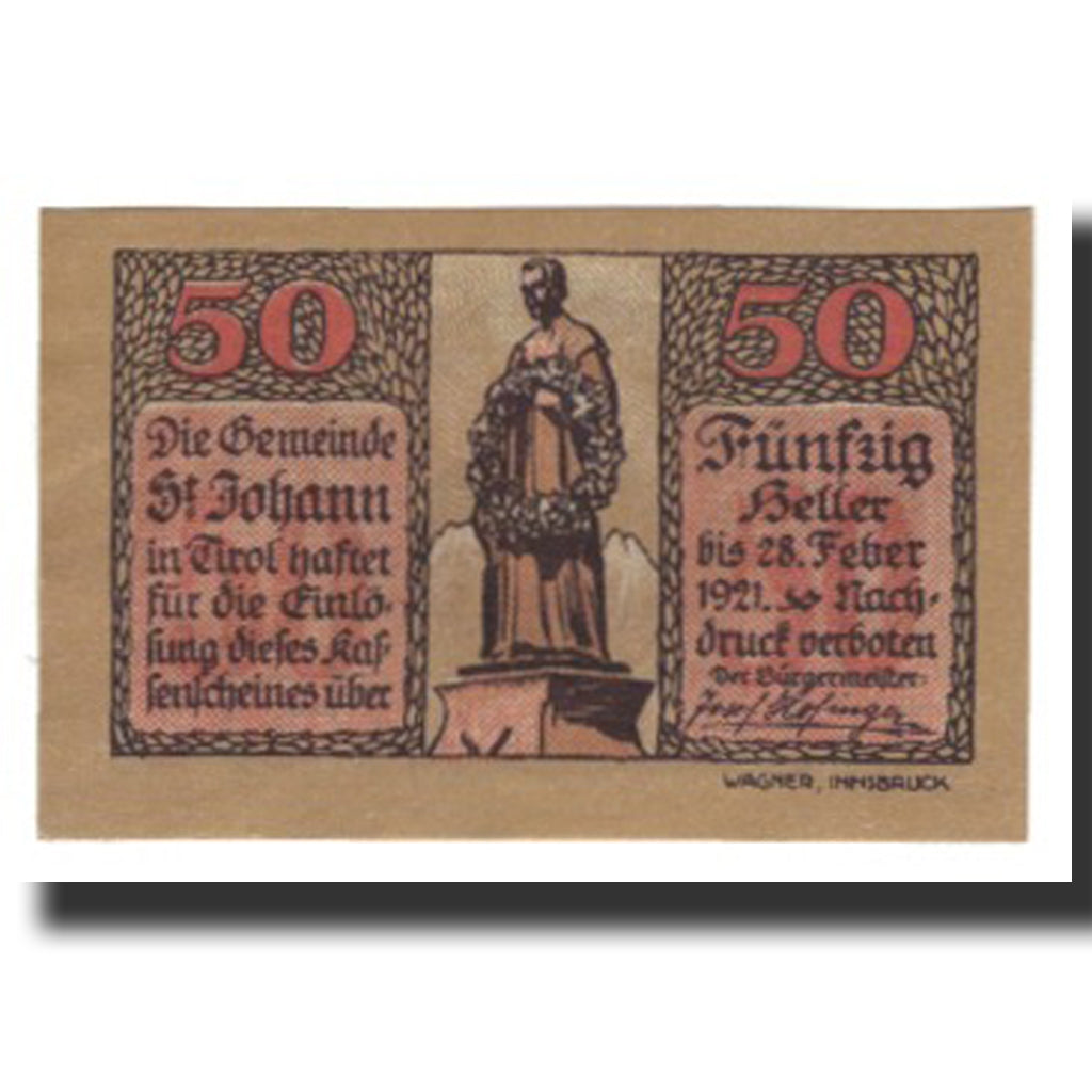 Biljet, Oostenrijk, St. Johann in Tirol, Tirol Gemeinde, 50 Heller, personnage