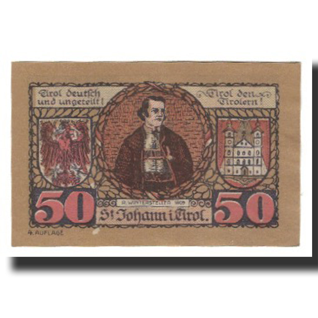 Biljet, Oostenrijk, St. Johann in Tirol, Tirol Gemeinde, 50 Heller, personnage