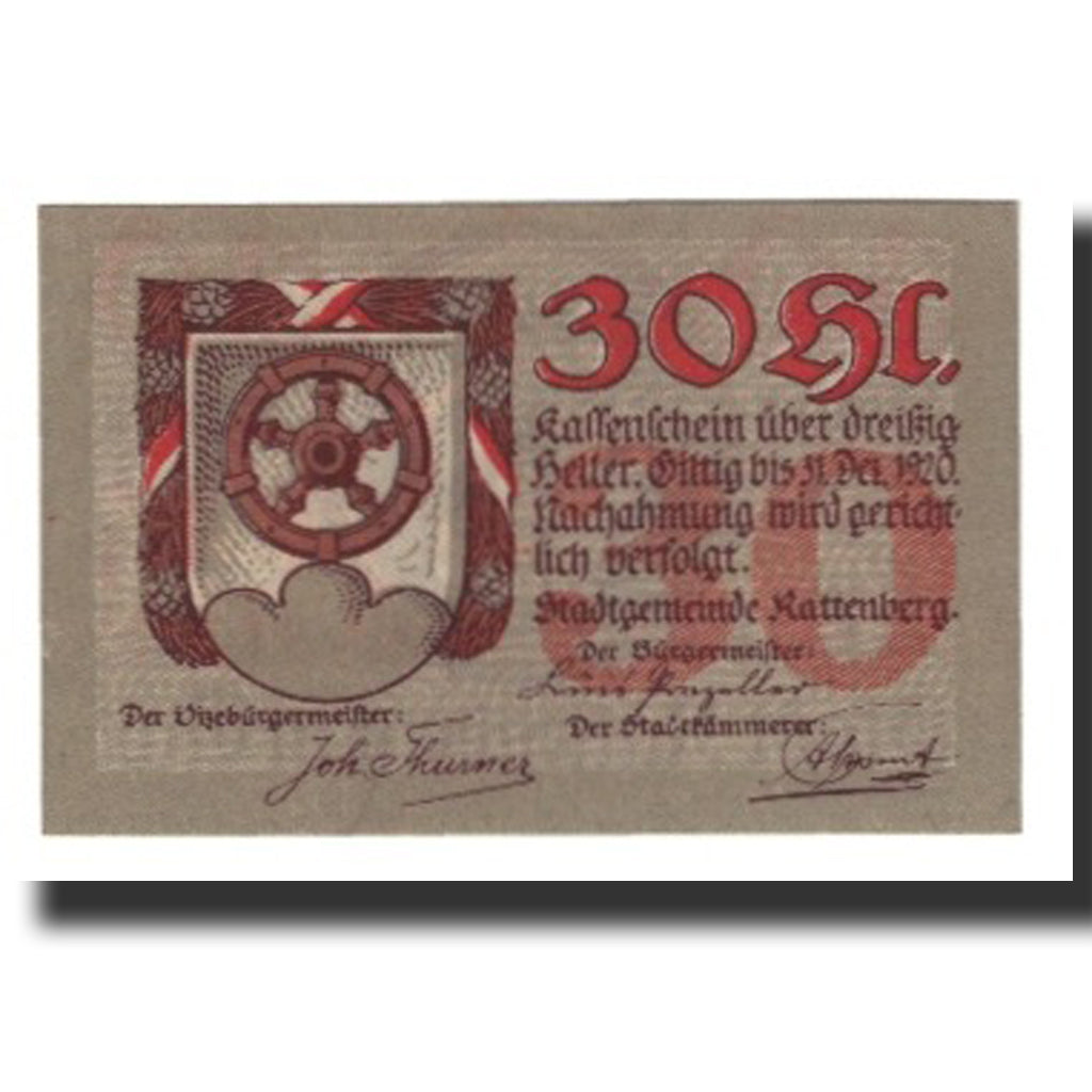 Banconote, Austria, Rattenberg Tirol Stadt, 30 Heller, rue, 1920, 1920-12-31