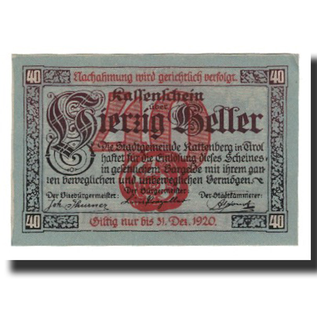 Banconote, Austria, Rattenberg Tirol Stadt, 40 Heller, rue 1, 1920, 1920-12-31