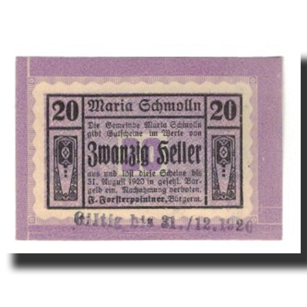 Banknot, Austria, Maria Schmolln O.Ö. Gemeinde, 20 Heller, texte 1, 1920