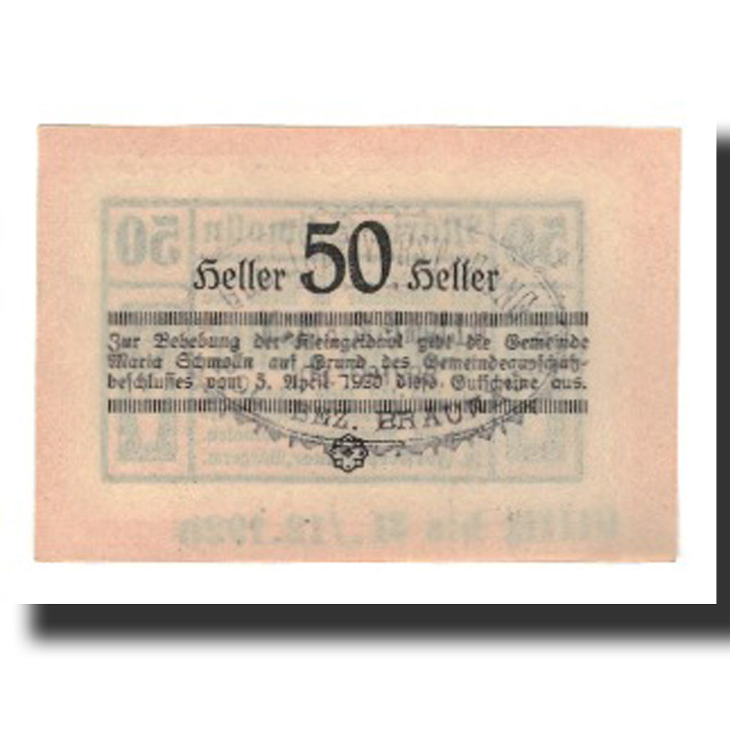 Banconote, Austria, Maria Schmolln O.Ö. Gemeinde, 50 Heller, Texte 2, 1920