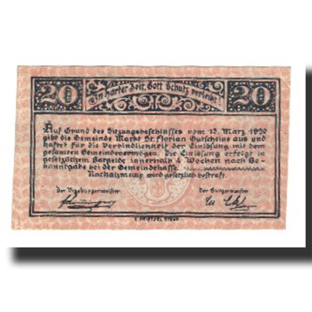 Nota, Áustria, St. Florian O.Ö. Gemeinde, 20 Heller, texte 1, 1920