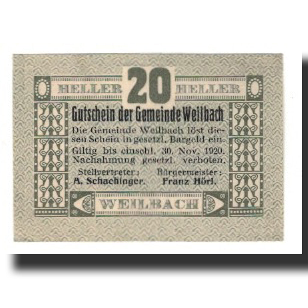 Biljet, Oostenrijk, Weilbach, 20 Heller, texte 1, 1920, 1920-11-30, SUP, Mehl:FS