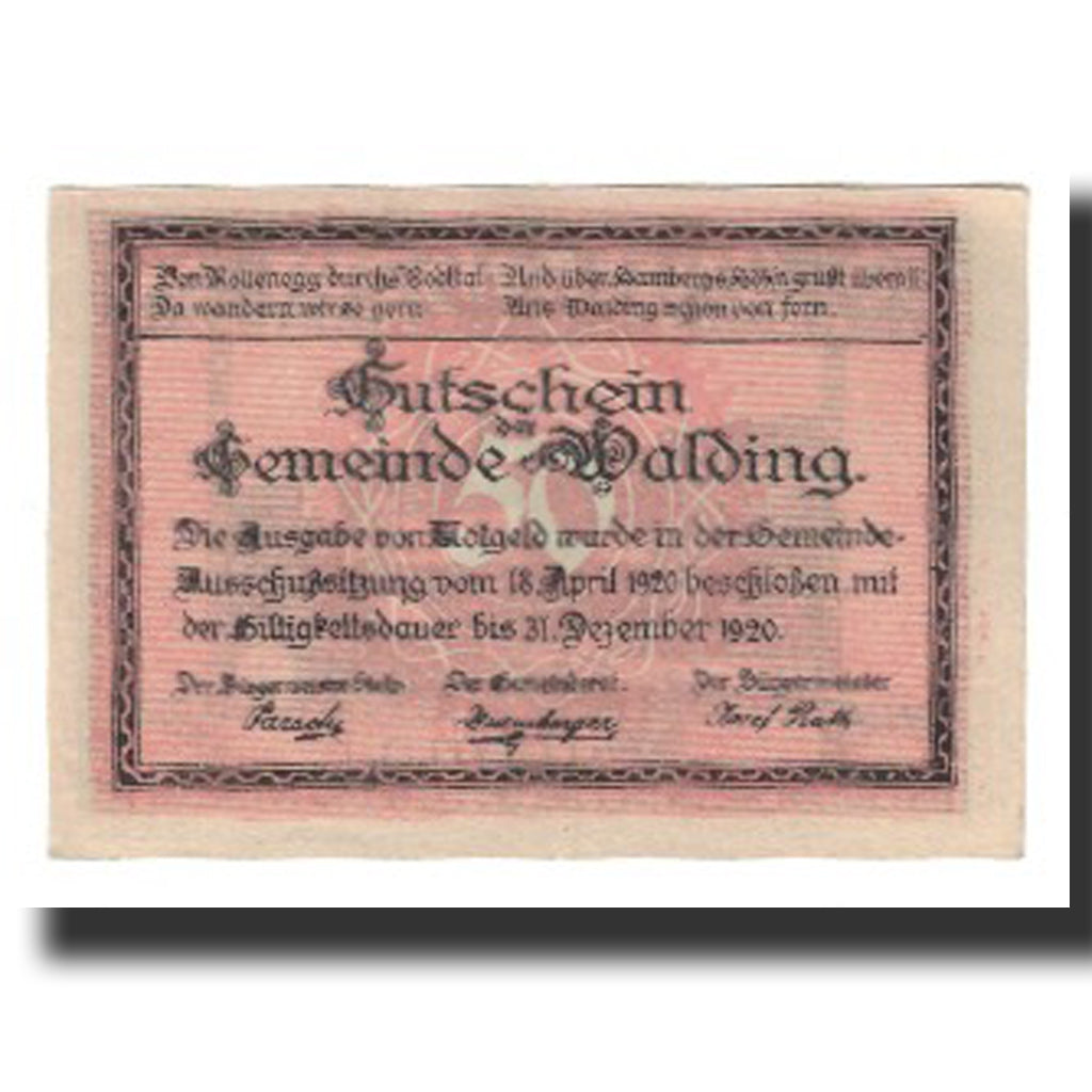 Banconote, Austria, Walding, 50 Heller, Texte 4, 1920, 1920-12-31, SPL-, Mehl:FS