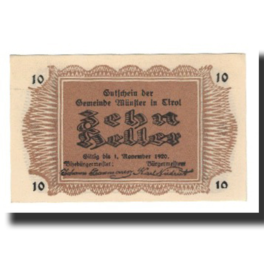 Banconote, Austria, Münster Tirol Gemeinde, 10 Heller, montagne, 1920