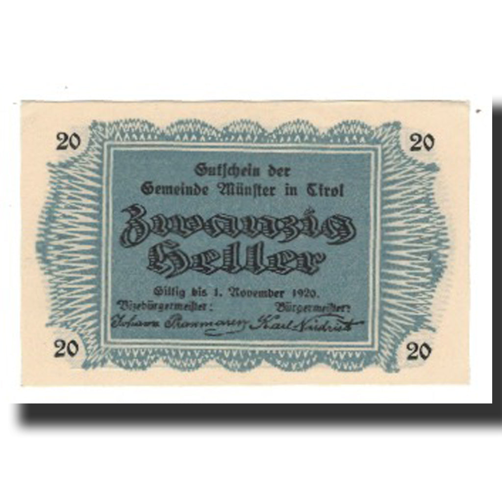 Biljet, Oostenrijk, Münster Tirol Gemeinde, 20 Heller, montagne 1, 1920