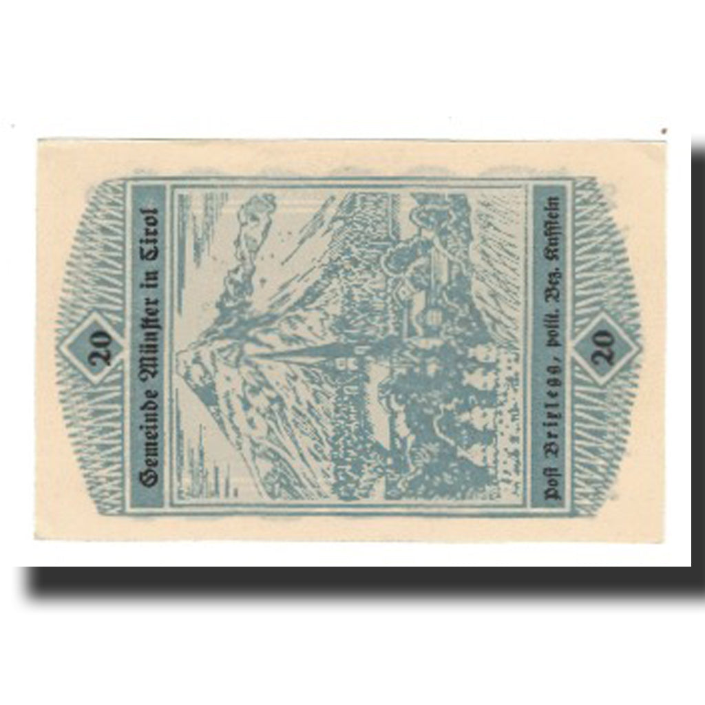 Biljet, Oostenrijk, Münster Tirol Gemeinde, 20 Heller, montagne 1, 1920