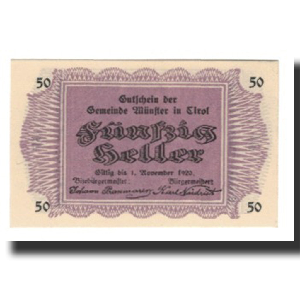 Biljet, Oostenrijk, Münster Tirol Gemeinde, 50 Heller, Montagne 2, 1920