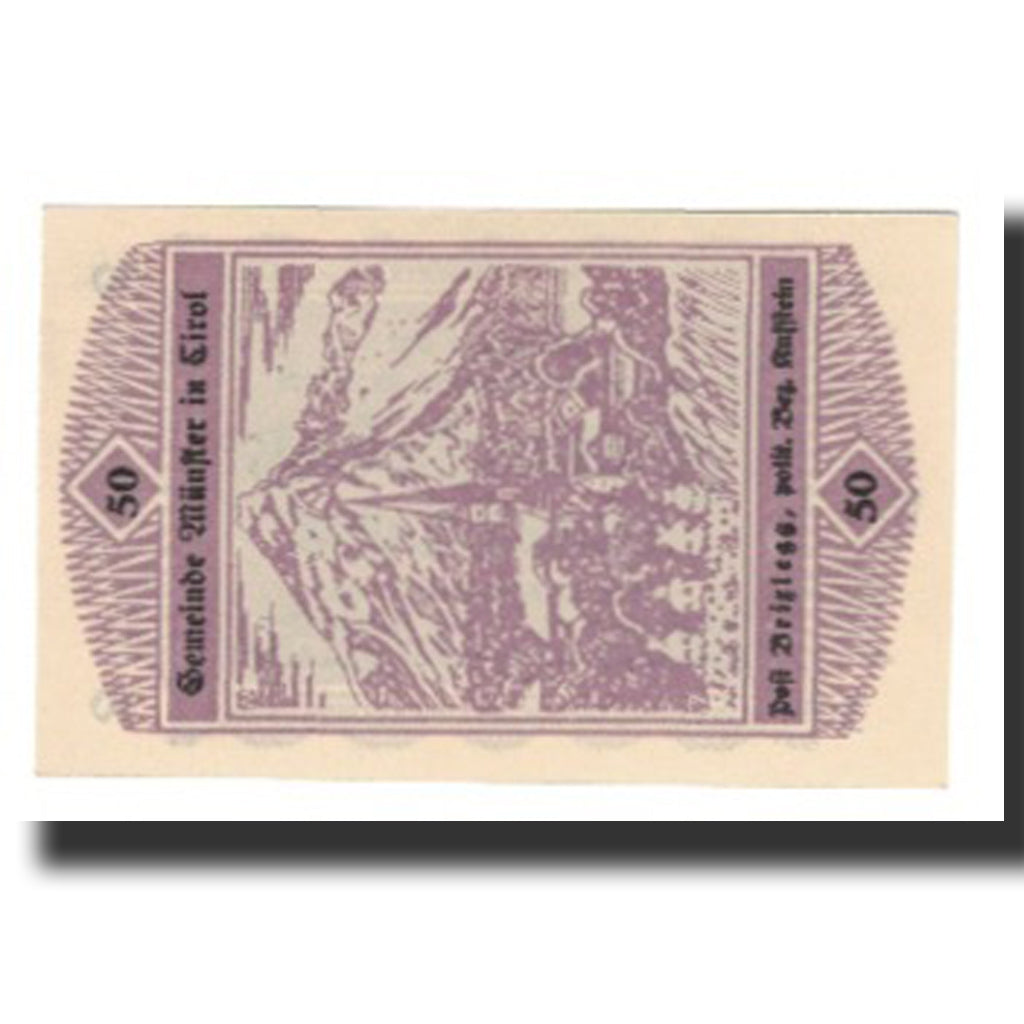 Biljet, Oostenrijk, Münster Tirol Gemeinde, 50 Heller, Montagne 2, 1920