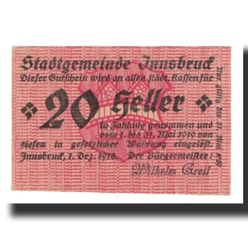 Biljet, Oostenrijk, Innsbruck, 20 Heller, N.D, 1919, 1919-05-31, SUP, Mehl:FS