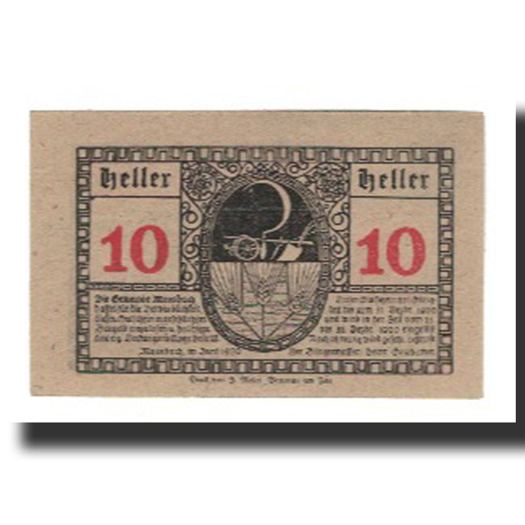 Banknot, Austria, Moosbach O.Ö. Gemeinde, 10 Heller, Faucille, 1920