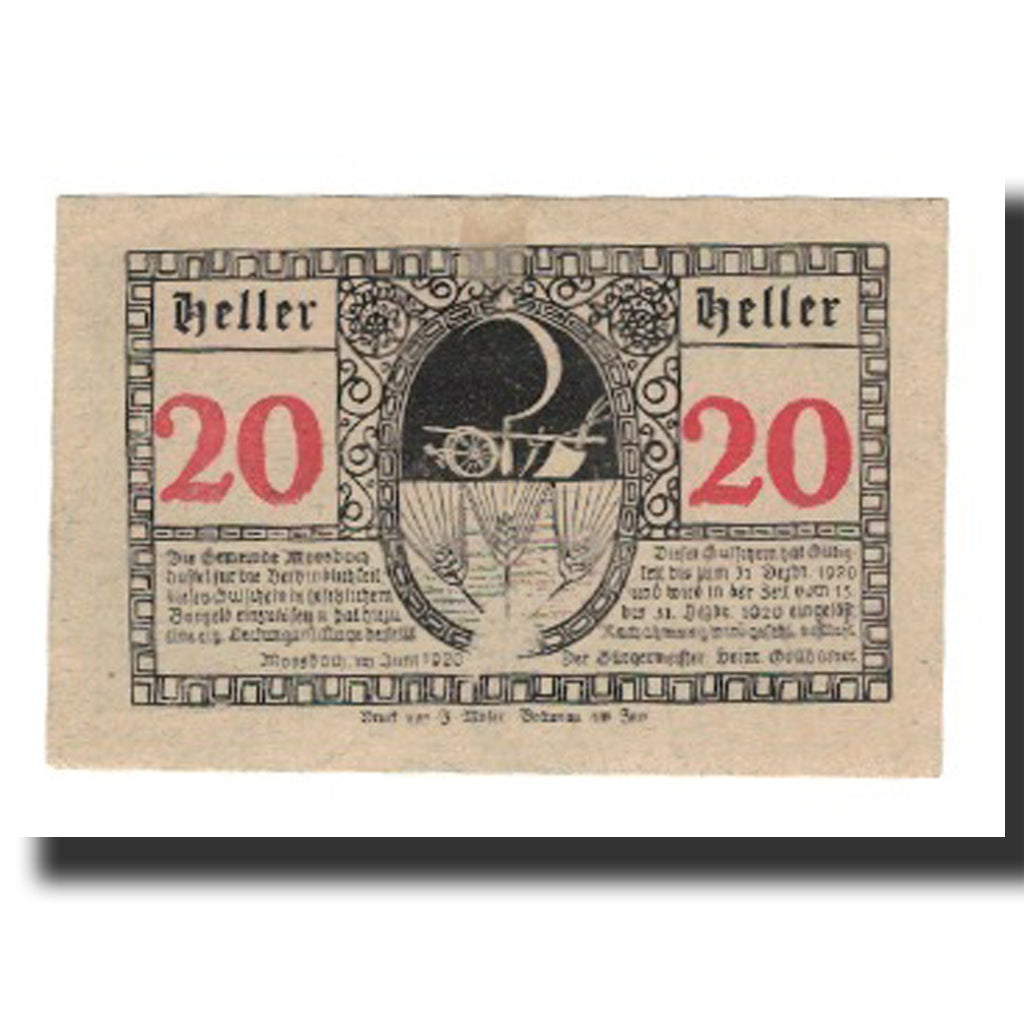 Banknot, Austria, Moosbach O.Ö. Gemeinde, 20 Heller, Faucille 1, 1920