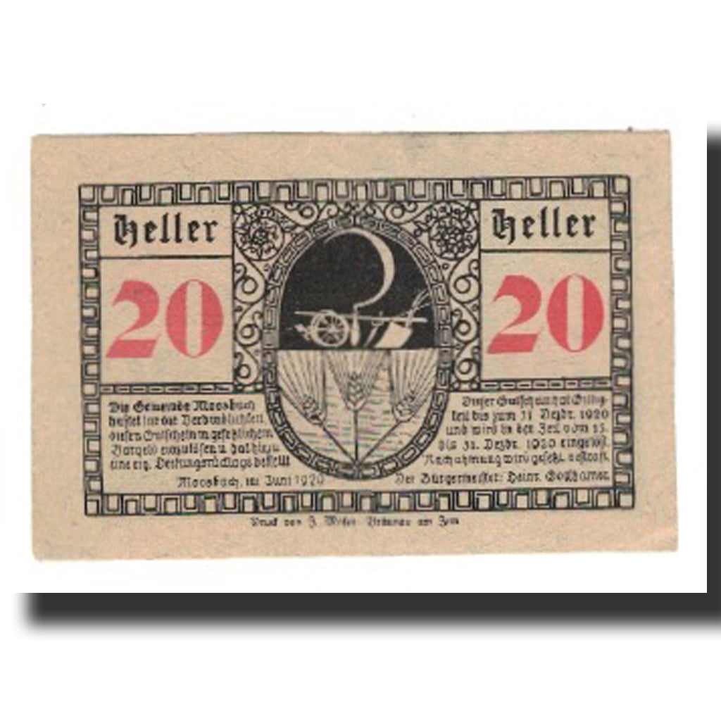 Banconote, Austria, Moosbach O.Ö. Gemeinde, 20 Heller, Faucille 2, 1920