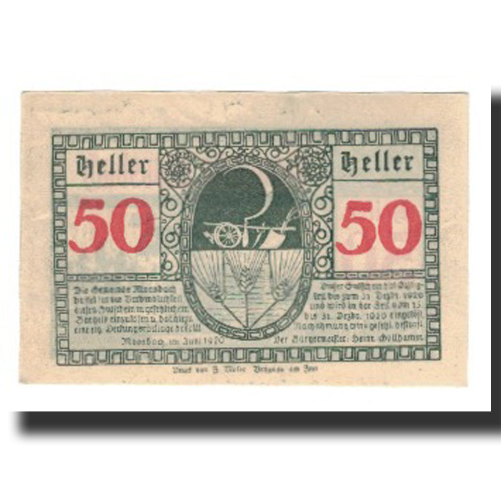 Banconote, Austria, Moosbach O.Ö. Gemeinde, 50 Heller, Faucille 3, 1920