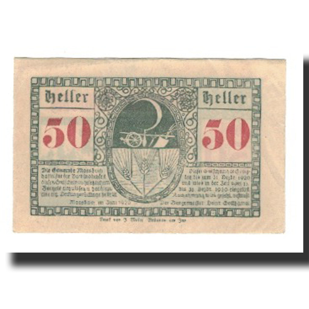 Geldschein, Österreich, Moosbach O.Ö. Gemeinde, 50 Heller, Faucille 4, 1920