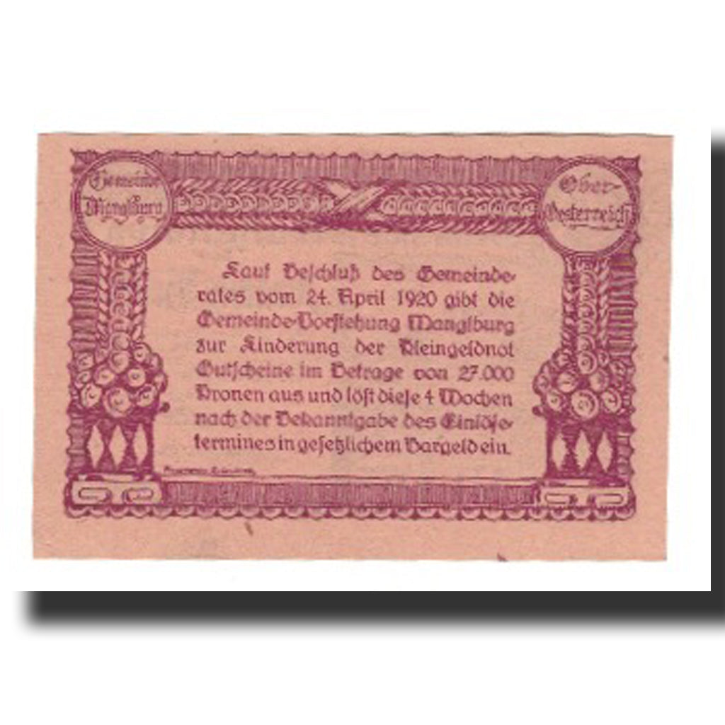 Biljet, Oostenrijk, Manglburg, 20 Heller, texte 1, 1920, 1920-04-24, SUP