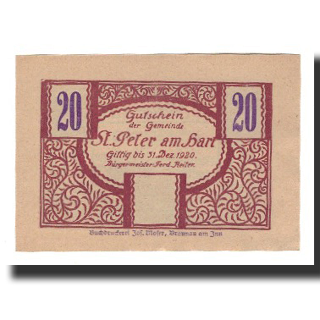 Banconote, Austria, St. Peter am Hart O.Ö. Gemeinde, 20 Heller, valeur faciale