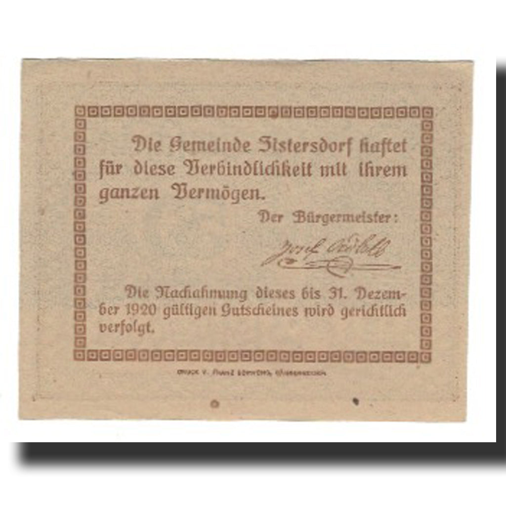 Banconote, Austria, Zistersdorf, 50 Heller, texte 1, 1920, 1920-12-31, SPL-