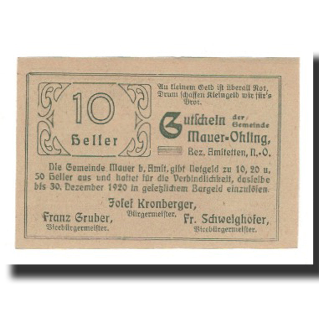 Biljet, Oostenrijk, Mauer - Öhling N.Ö. Gemeinde, 10 Heller, Texte, 1920