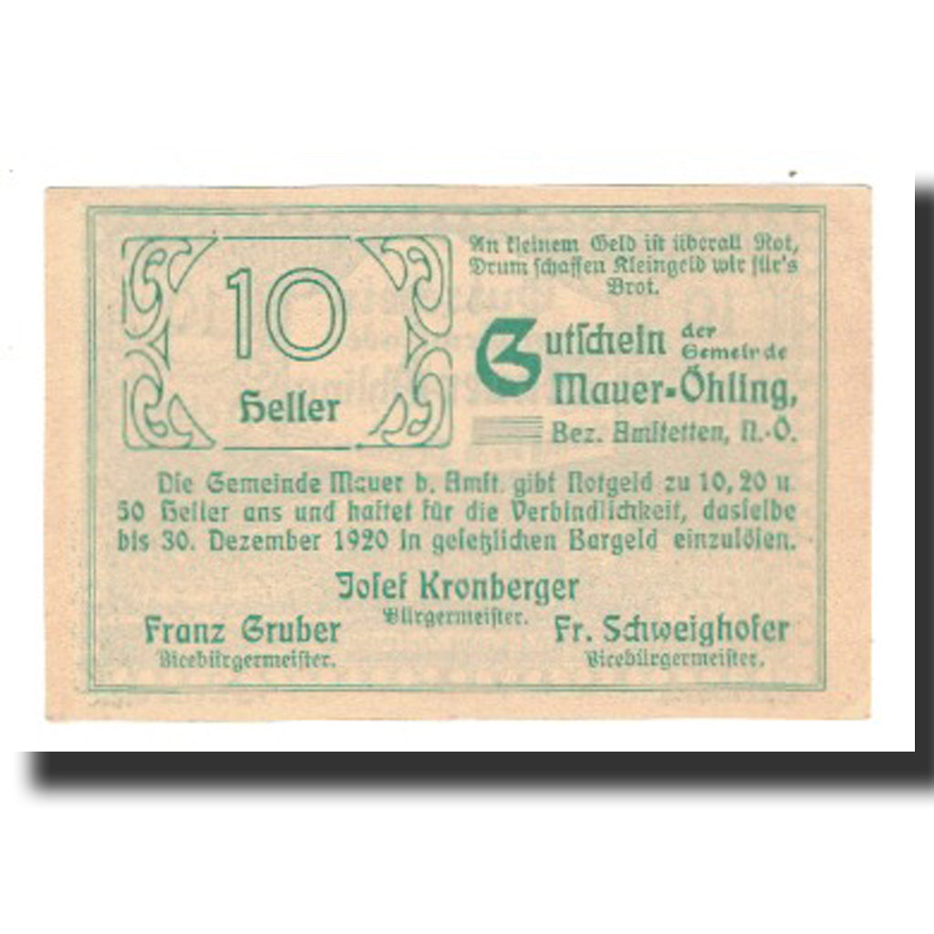 Banconote, Austria, Mauer - Öhling N.Ö. Gemeinde, 10 Heller, texte 1, 1920