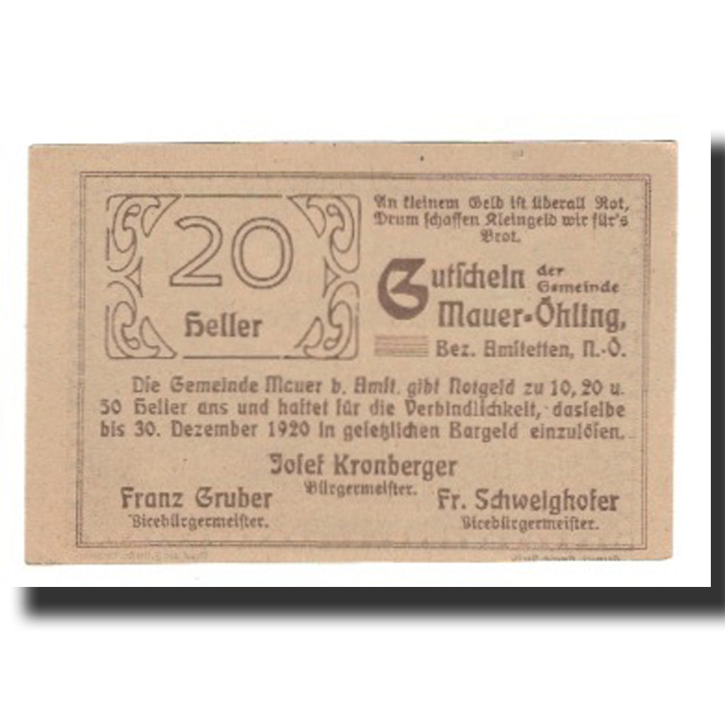 Banconote, Austria, Mauer - Öhling N.Ö. Gemeinde, 20 Heller, Texte 2, 1920