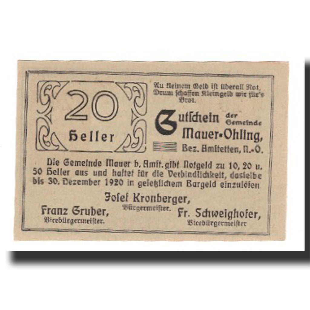 Billete, Austria, Mauer - Öhling N.Ö. Gemeinde, 20 Heller, Texte 3, 1920