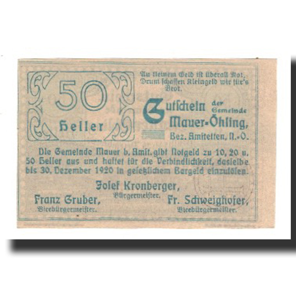 Banknot, Austria, Mauer - Öhling N.Ö. Gemeinde, 50 Heller, Texte 4, 1920