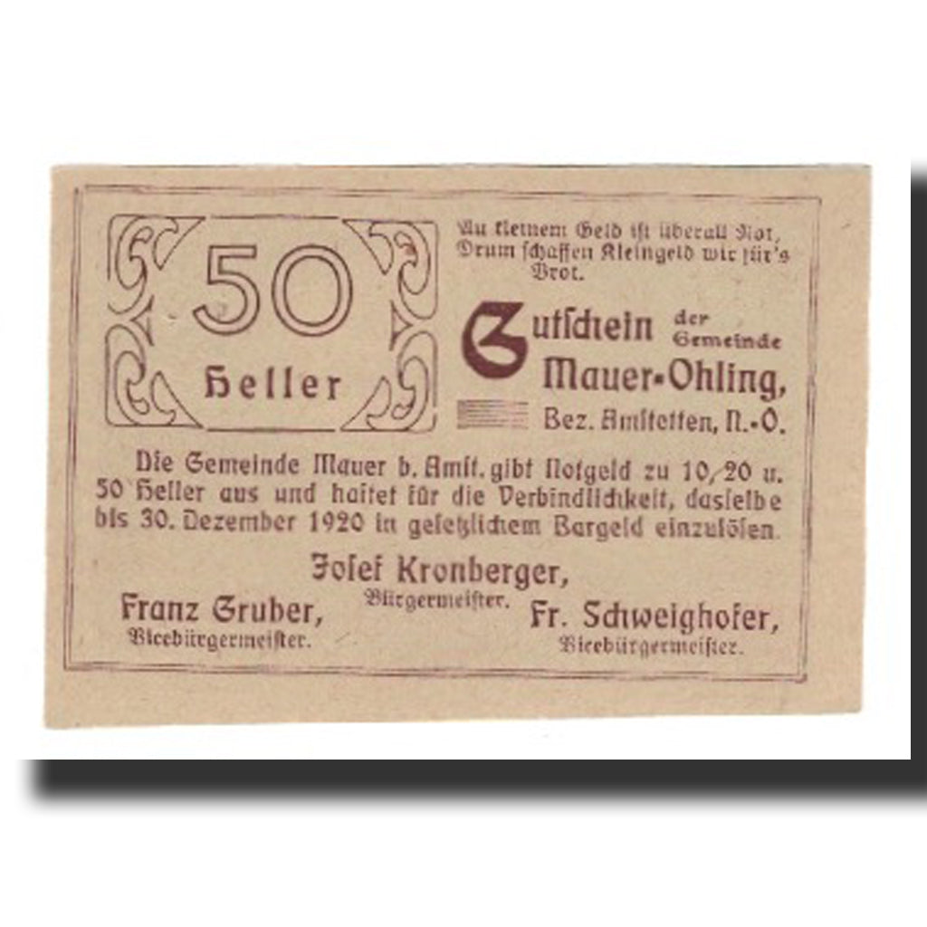Biljet, Oostenrijk, Mauer - Öhling N.Ö. Gemeinde, 50 Heller, Texte  5, 1920