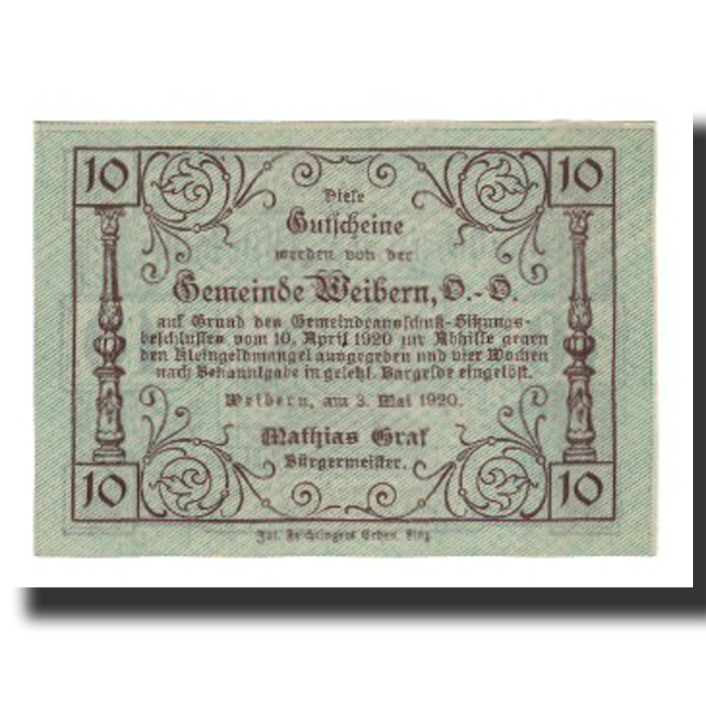 Banconote, Austria, Weibern O.Ö. Gemeinde, 10 Heller, Texte, 1920, 1920-05-03