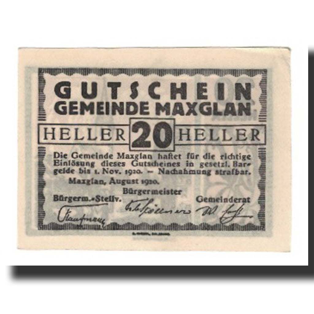 Banknot, Austria, Maxglan, 20 Heller, texte 1, 1920, 1920-11-01, AU(55-58)