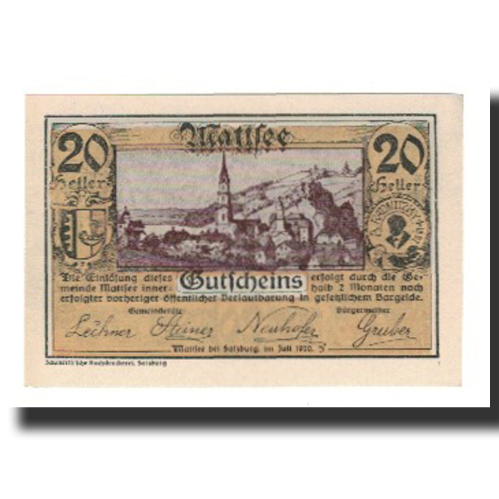 Geldschein, Österreich, Mattsee, 20 Heller, château, 1920, UNZ, Mehl:FS 596