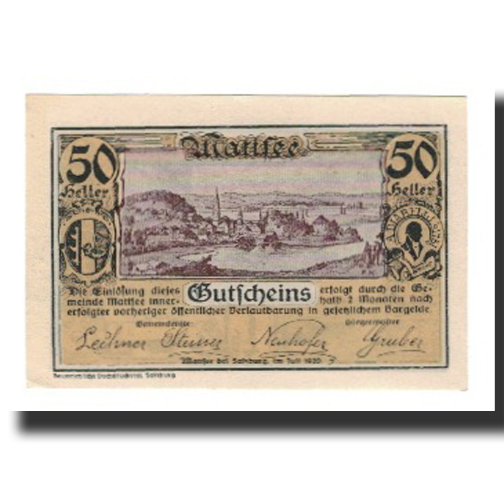 Banknot, Austria, Mattsee, 50 Heller, bateau, 1920, Undated, UNC(65-70), Mehl:FS