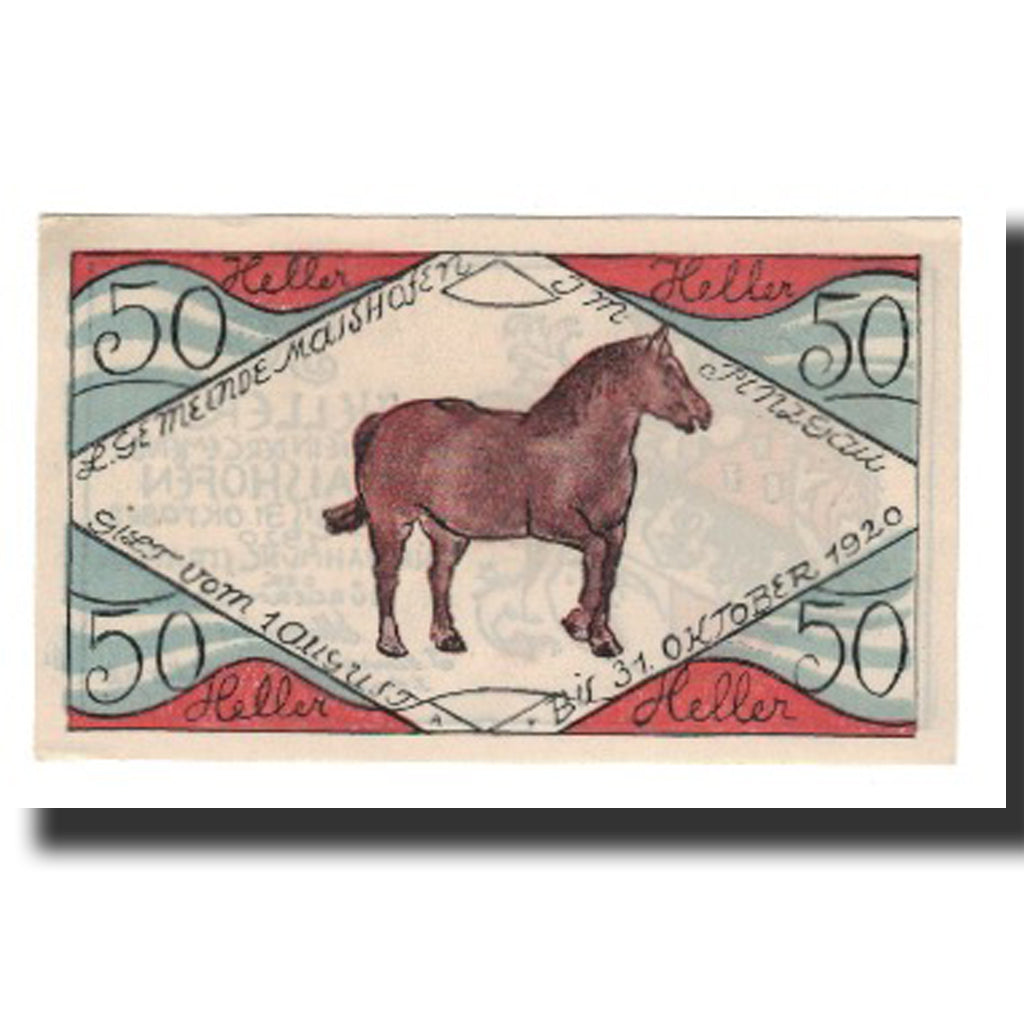 Banknot, Austria, Maishofen, 50 Heller, cheval, 1920, 1920-10-31, AU(55-58)