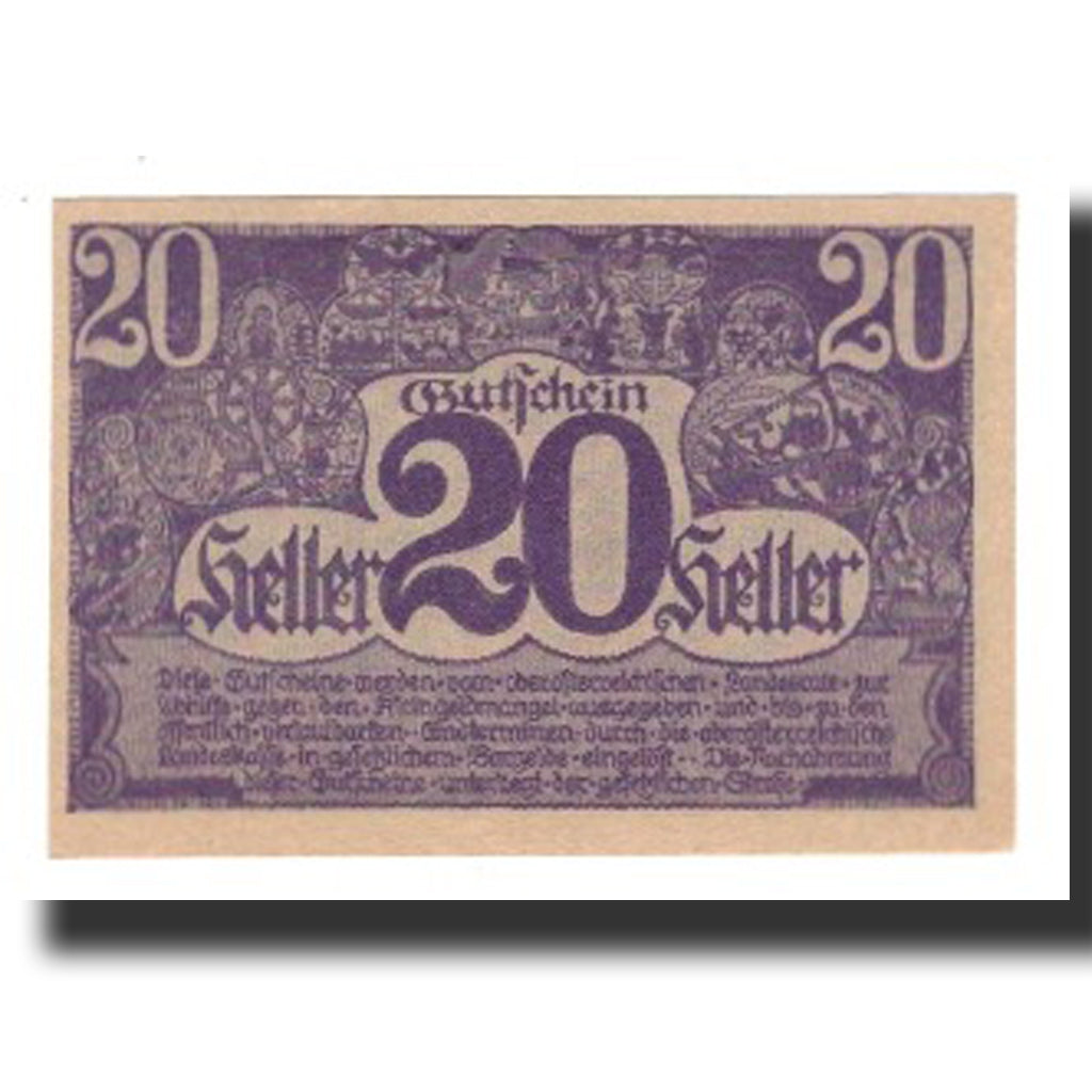 Banconote, Austria, Oberösterreich, 20 Heller, valeur faciale, 1920