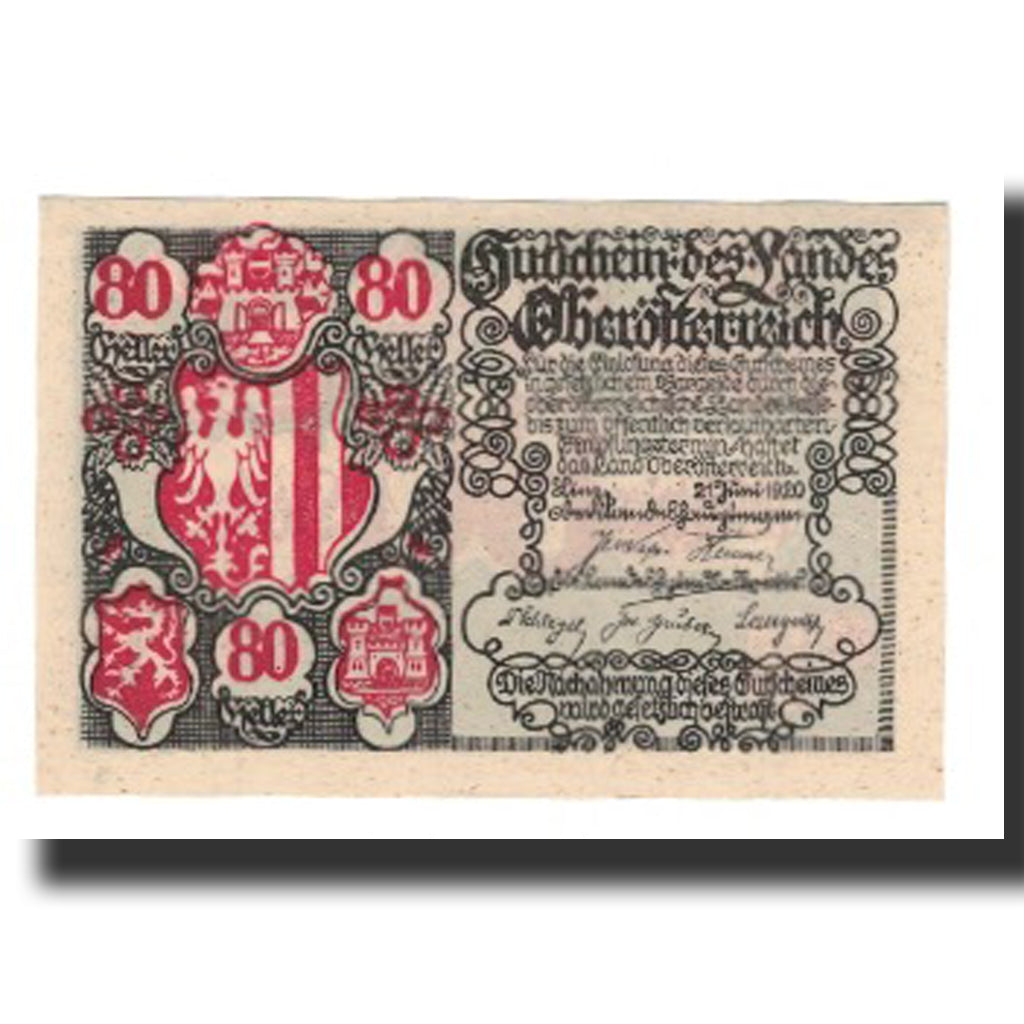Banknote, Austria, Oberösterreich, 80 Heller, Blason, 1920, 1920-03-01