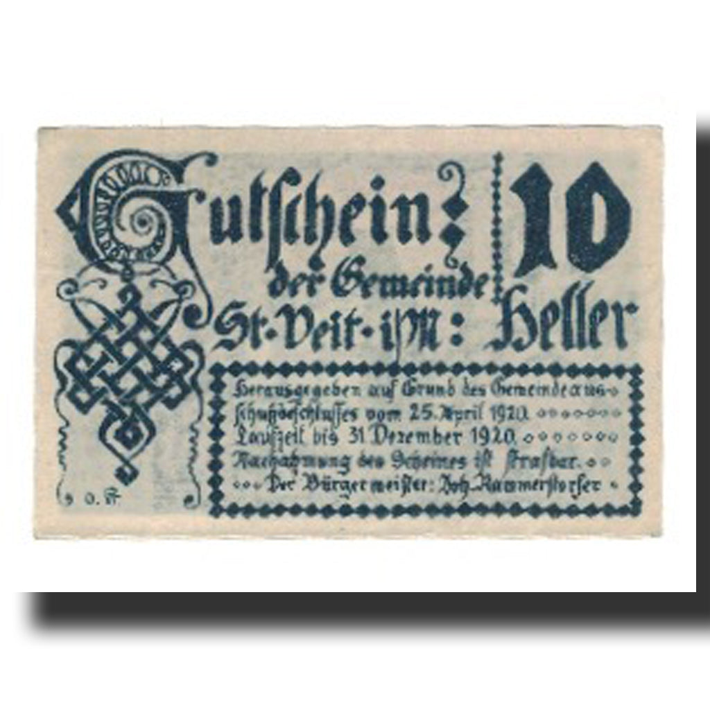 Banknot, Austria, St. Veit im Mühlkreis O.Ö. Gemeinde, 10 Heller, Texte, 1920
