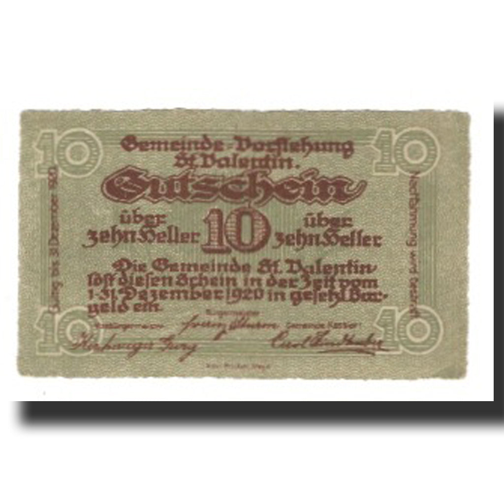 Billet, Autriche, St. Valentin N.Ö. Gemeinde, 10 Heller, rue, 1920, 1920-12-31